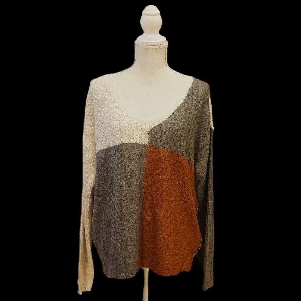E & M Cream, Rust, Gray Color Block Cable Knit Light Weight Sweater Women’s Med